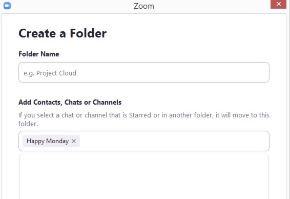 Create folder window in Zoom desktop client with pre-filled channel
